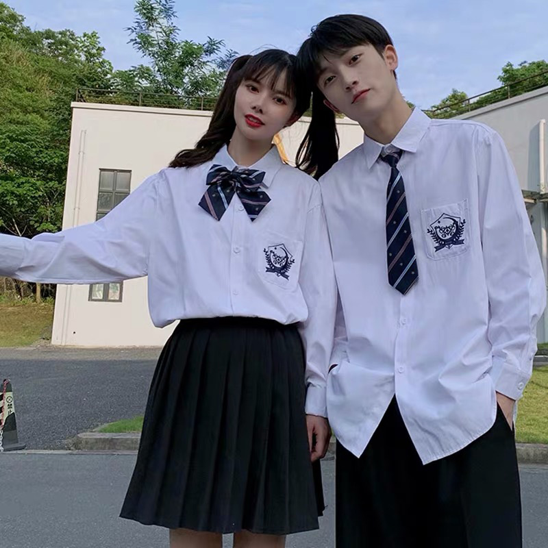 dk制服男白色衬衫长袖白衬衣一套小中学生情侣装班服韩版宽松刺绣