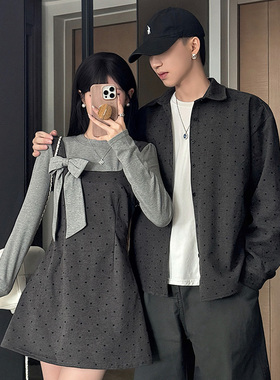 情侣装秋冬季韩版小众设计感蝴蝶结假两件灰色波点连衣裙一衣一裙