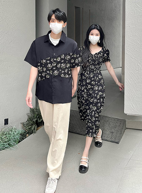 情侣装碎花吊带连衣裙子女2025夏新款沙滩气质长款雪纺裙一衣一裙