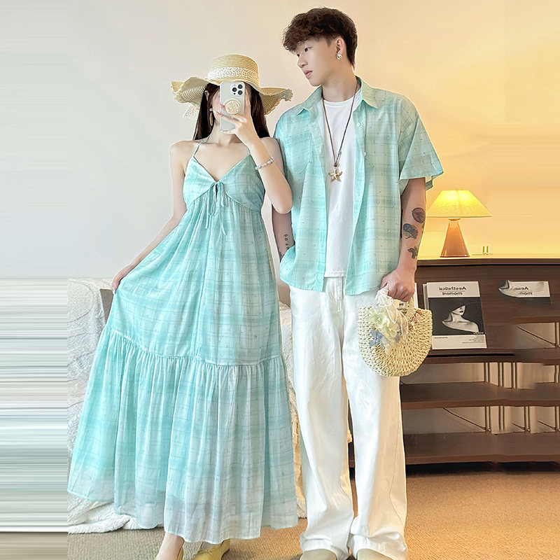情侣装夏装2025新款短袖衬衫高级感挂脖连衣裙女海边度假一裙一衣