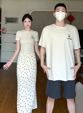美式正肩短袖t恤特别的情侣装夏季小众设计高级感套装一裙一衣潮