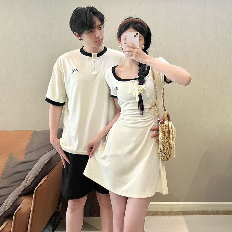 小众设计感情侣装夏季2025刺绣修身短袖T恤女连衣裙法式一裙一衣