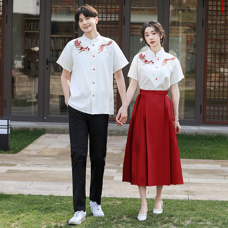 新中式情侣装中国风刺绣上衣初中学生班服高中演出朗诵红歌比赛服