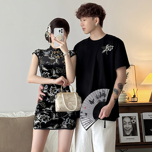 小众设计感短袖 夏季 t恤国风复古旗袍连衣裙一裙一衣 情侣装 新中式