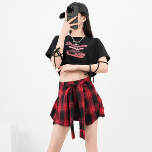 裙套装 jazz表演舞蹈露脐衣服格纹裤 活动演出服 女夏季 爵士舞服装