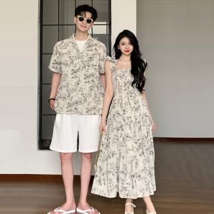 夏季 情侣装 女吊带连衣裙2025新款 夏装 一裙一衣海边沙滩碎花男衬衫