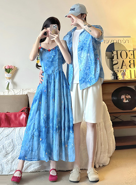 情侣装2025夏季小清新度假旅游风蓝色吊带仙女连衣裙法式一衣一裙