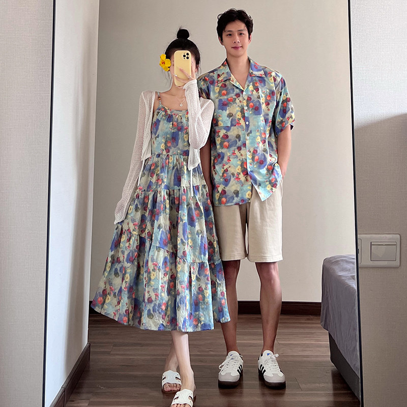 情侣装2025夏季高级感法式油画碎花吊带连衣裙度假风沙滩短袖衬衫