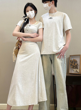 法式情侣装夏季一裙一衣短袖t恤小众设计感气质吊带2025新款高级