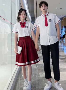 情侣装夏装白色衬衫学院风红色中长裙女套装初高中学生毕业照班服