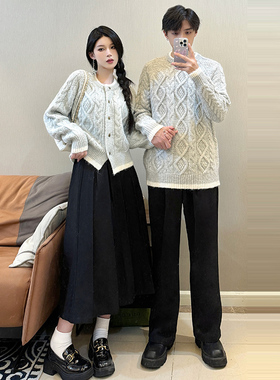 情侣装2025秋冬季新款一裙一衣灰色圆领毛衣开衫半身裙高级感套装