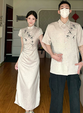 情侣装2025夏季新款新中式国风改良古缇竹子绣花显瘦旗袍连衣裙