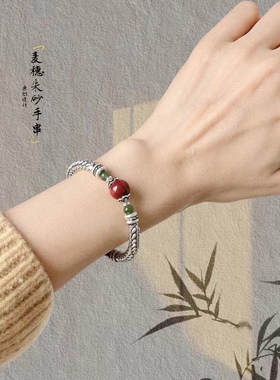 足银999麦穗款搭配本命年天然原矿朱砂福运平安新款纯银手链