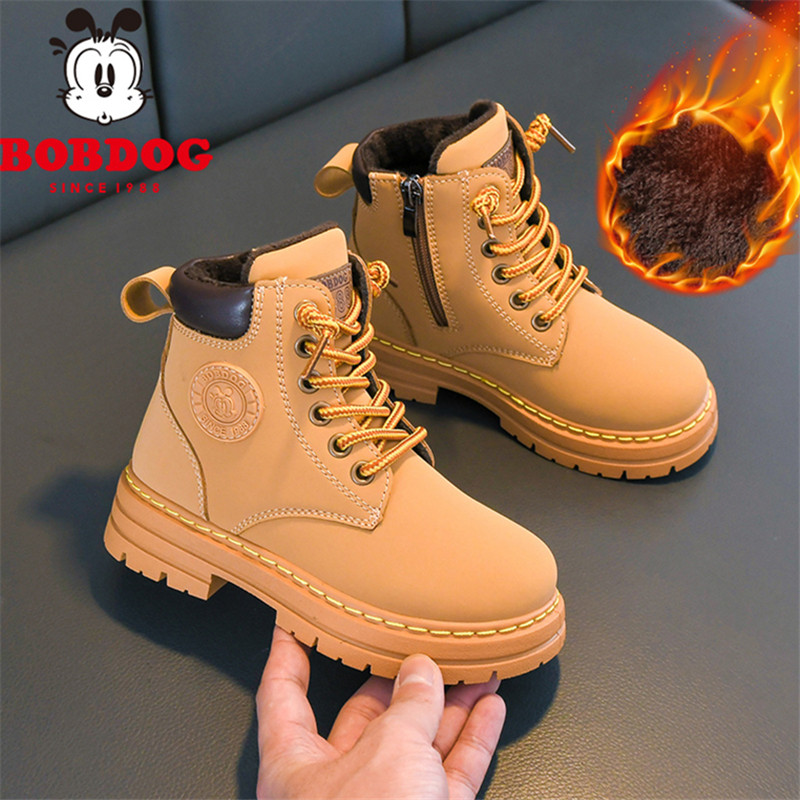巴布豆男童鞋子冬季加绒棉鞋马丁靴短靴中大童二棉冬鞋儿童靴子女