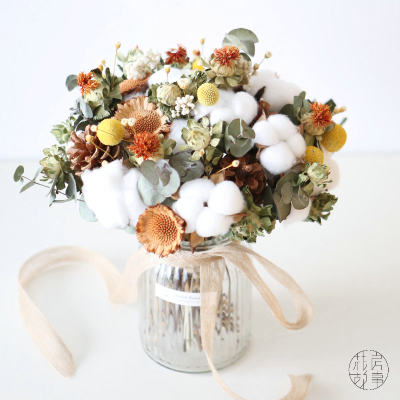 进口天然干燥花永生花束插花木棉花太阳朵黄金球家庭装饰摆件软装 虎窝淘