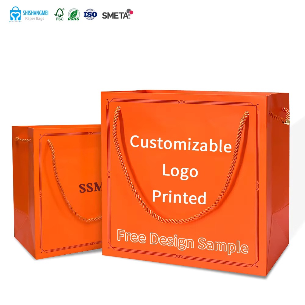 纸袋定制手提袋购物袋SSM奢华橙色印花标志服装鞋包装购物纸袋礼