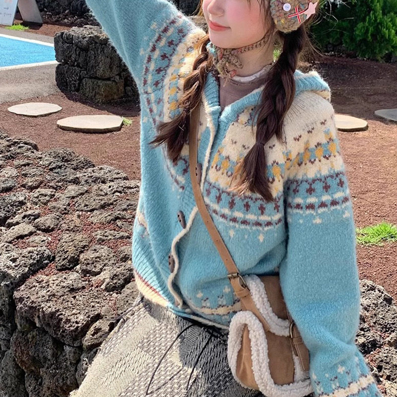 KANING费尔岛提花毛衣女秋冬新款韩系学院风牛角扣针织开衫外套女