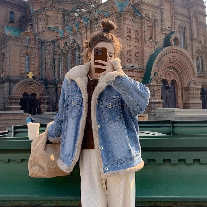 港风复古工装牛仔派克服女冬季新款小个子毛绒外套加厚短款棉袄潮