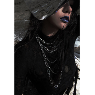 原创设计重工银色叠加链条珍珠闪钻高级感挂饰长款帅气项链小众