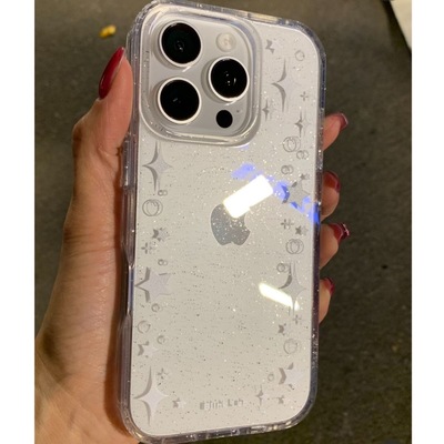 闪亮白色星星边细闪粉放小卡照片适用于苹果16/17手机壳14透明全包大孔高透11/12promax高级xs/xr防摔7p