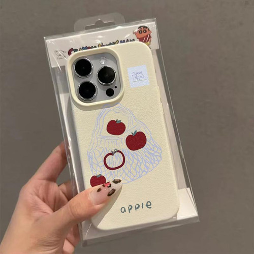 简约线条一袋红苹果皮质壳适用苹果15/14手机壳软磨砂质感16新款防摔12女款13Pro硅胶大孔保护壳