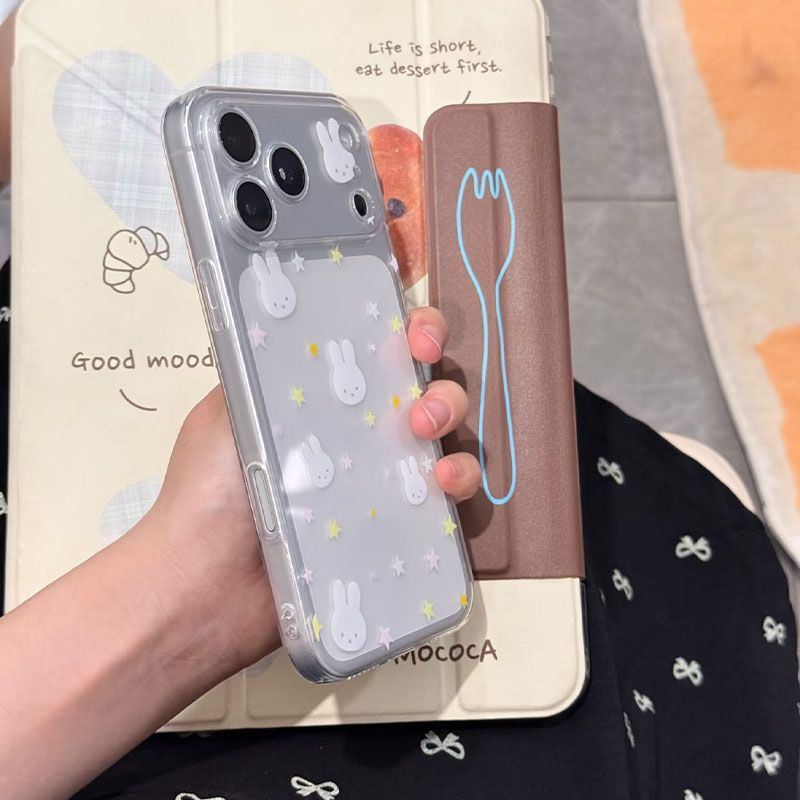 满屏白色兔子星星适用于苹果16/17手机壳14透明全包精孔大孔高透11/12promax高级xs/xr防摔7p
