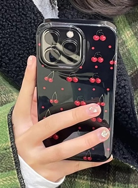 小众满屏樱桃韩式ins风半包黑色手机壳适用于苹果15/14透明11/12promax高级xs/xr防摔7p创意