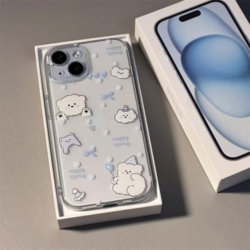 蓝色蝴蝶结大白熊波点适用于苹果16/17蓝色透明手机壳iPhone13软壳11/12promax高级x/xr防摔7p创意