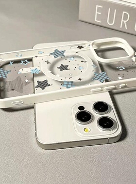 简约格子星星磁吸壳iPhone17新款适用于苹果16Promax手机壳磨砂软边14马卡龙亚克力13高透12背板