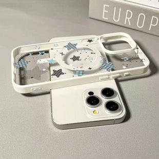 简约格子星星磁吸壳iPhone17新款 适用于苹果16Promax手机壳磨砂软边14马卡龙亚克力13高透12背板