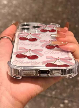 蝴蝶结樱桃四角气囊透明软壳适用于苹果15/14手机壳精孔四角全包11/12promax高级xs/xr