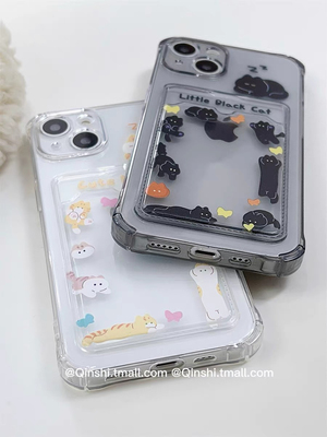 简约可爱黑黄小猫咪插卡放照片适用于苹果15promax手机壳卡套苹果14软壳11/12promax高级xs/xr防摔7p创意