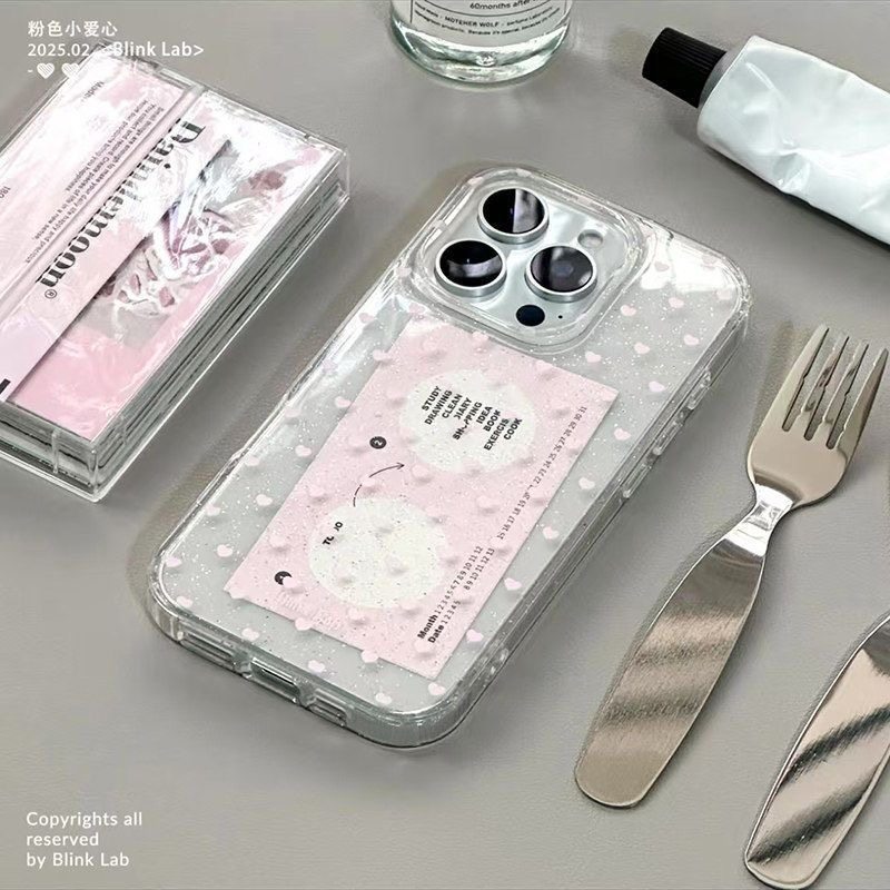 满屏可爱小粉心细闪粉放小卡照片适用于苹果16/17手机壳14透明全包大孔高透11/12promax高级xs/xr防摔7p
