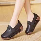 女2024秋季 新款 百搭软底中老年广场跳舞摇摇鞋 真皮厚底松糕鞋 单鞋