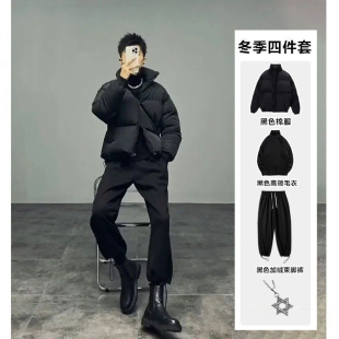 轻熟风冬季立领棉服套装男生韩版短款显瘦棉衣加厚面包服三件套