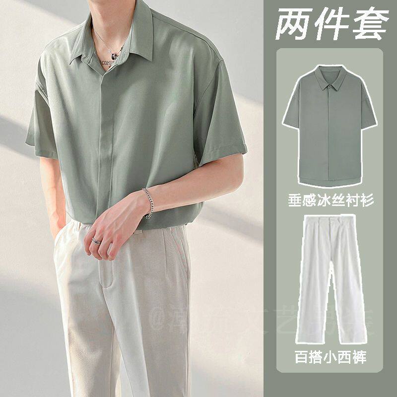 夏季冰丝短袖衬衫男韩版图片