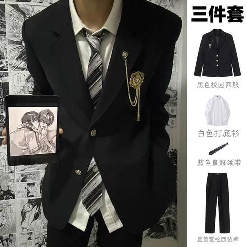 校园风复古DK垫肩西装三件套