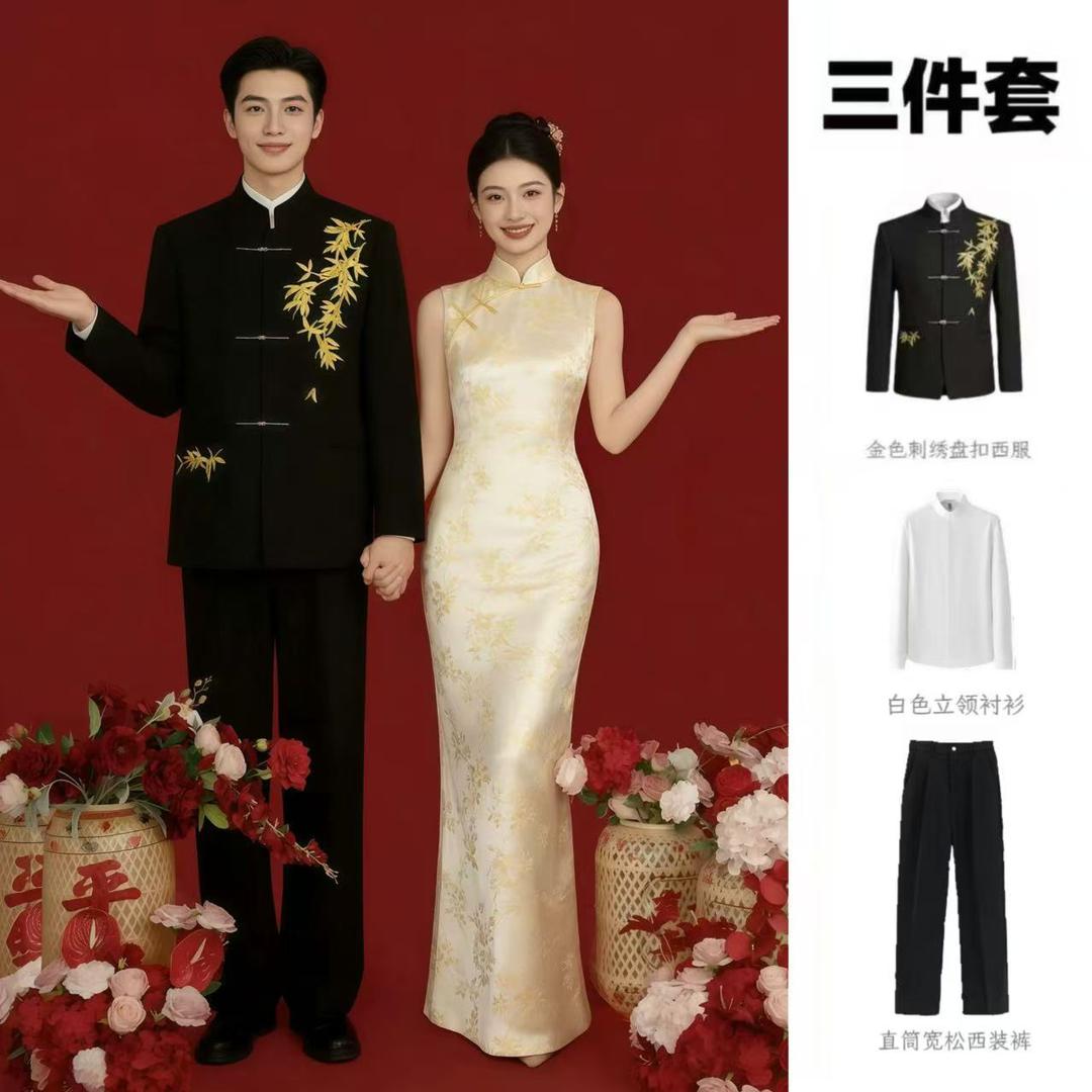 婚礼新郎金色刺绣盘扣立领西服