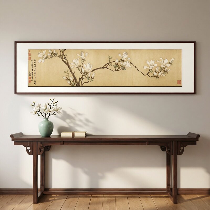 古画白玉兰横幅卧室床头画花图新中式花鸟茶室轻奢装饰壁画