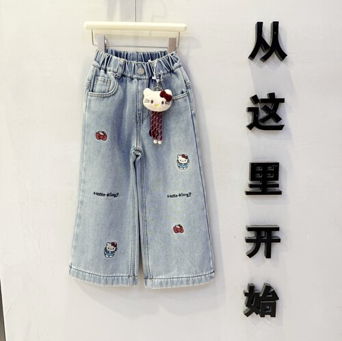 女童HelloKitty一体绒直筒牛仔裤2026冬款中童洋气百搭加绒阔腿裤
