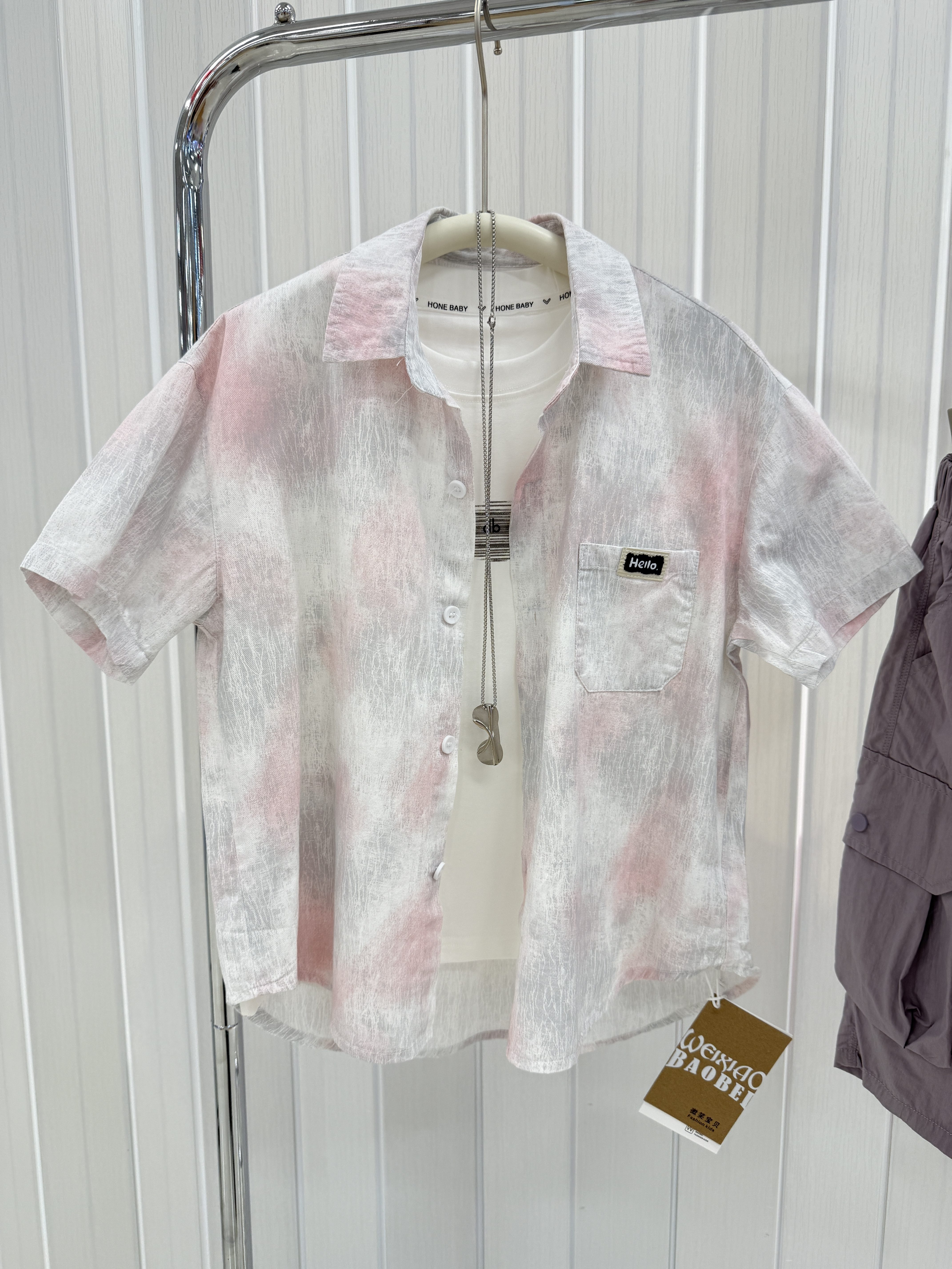 男童渣男风套装2026夏款中大童韩版个性粉色扎染短袖衬衫+白背心