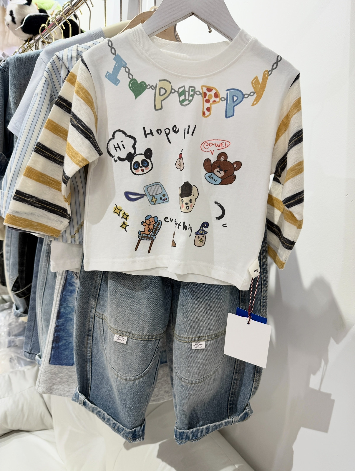 男童韩版洋气套装2026春款小童卡通条纹t恤上衣+百搭牛仔裤萝卜裤