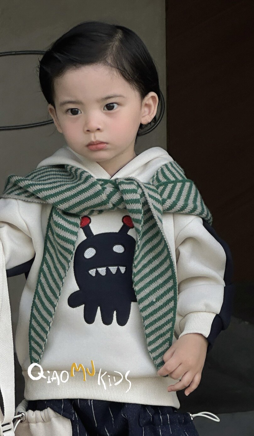 男童加绒卫衣2025小童韩版洋气宽松百搭撞色一体绒立体连帽卫衣潮