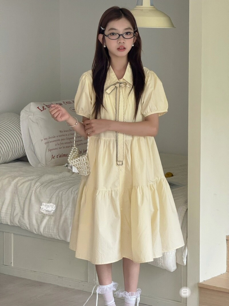 女童棉布连衣裙2026夏款韩版简约polo领短袖裙子中大童过膝长裙