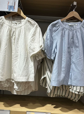 减龄穿搭 夏季女装棉混纺打褶泡泡袖宽松圆领短袖上衣衬衫 475655