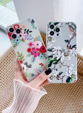 适用于覆古大花适用于iPhone16/15/14/13/12/11/x手机壳se花朵苹果16promax卡通14plus透明8plus保护套11prom