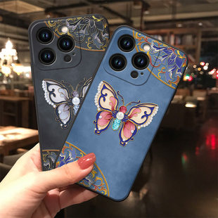 8plus 12mini简约 Xsmax个性 X浮雕手机壳iPhone16pro中国风14promax 适用于珐琅蝴蝶于苹果16