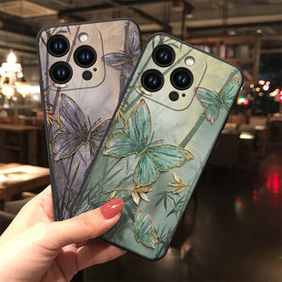 8plus xr简约se Xsmax个性 X浮雕手机壳iPhone11pro国风16promax 适用于墨竹蝴蝶适用于苹果16