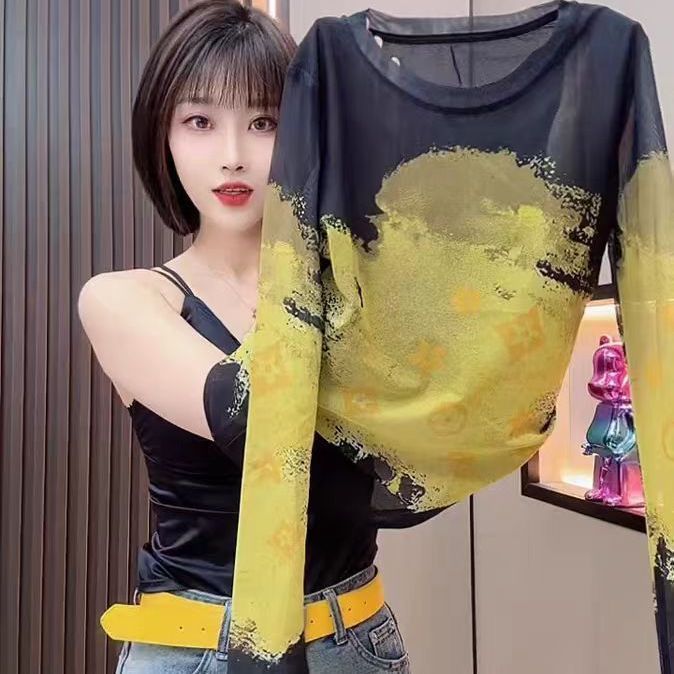 欧货网纱晕染印花防晒衫长袖T恤女 2026新款大码胖mm修身显瘦上衣