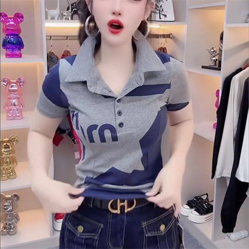 韩版polo领字母印花短袖T恤女